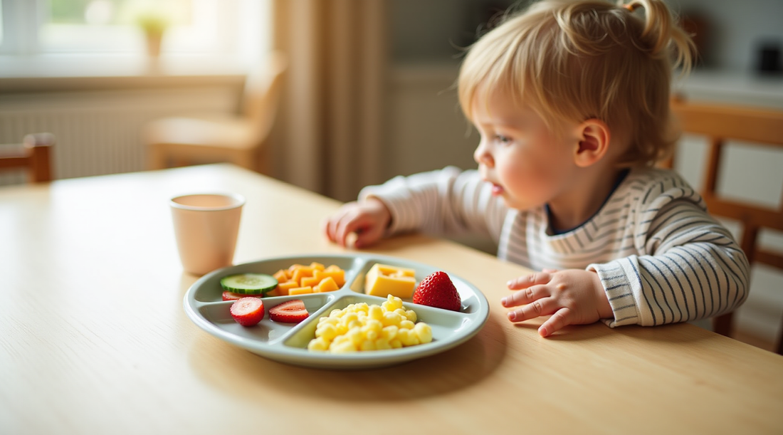 A divided toddler plate with a structured mealtime spread of scrambled egg, cucumber, cheese, pasta and strawberries beside a bib and a cup of water