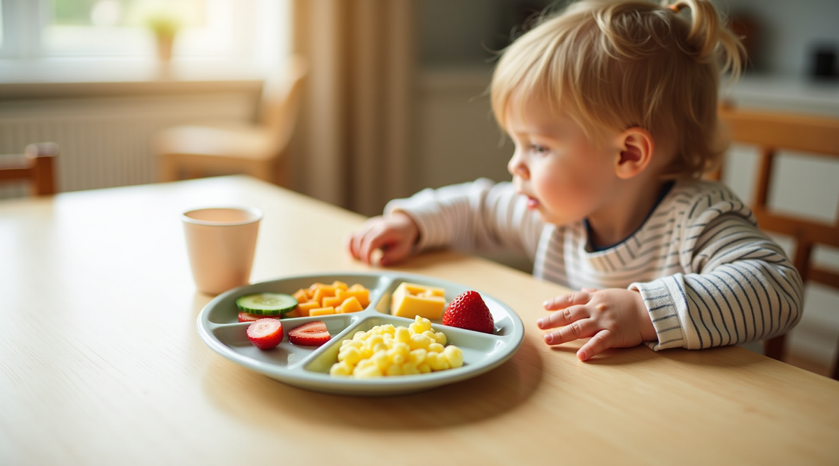 A divided toddler plate with a structured mealtime spread of scrambled egg, cucumber, cheese, pasta and strawberries beside a bib and a cup of water