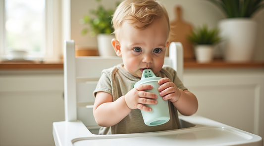 Toddler drinking from a pastel silicone sippy cup in a high chair