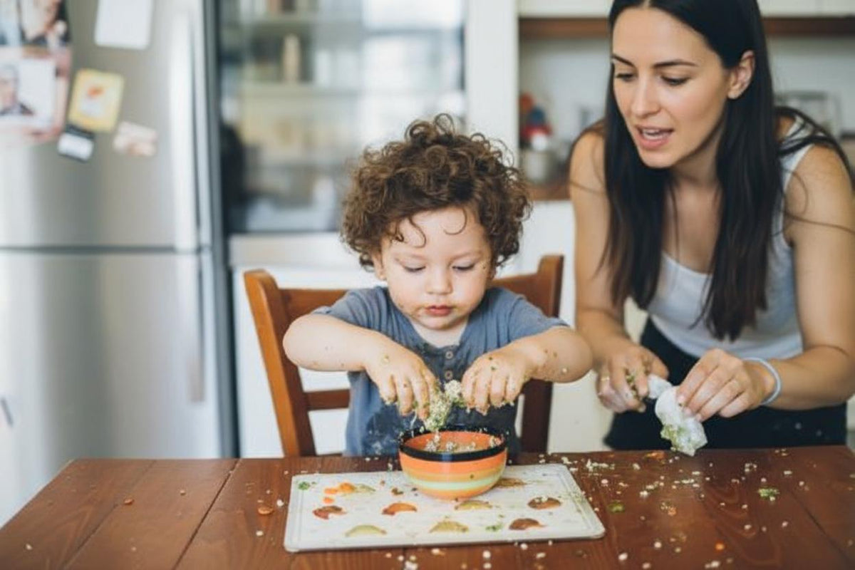 Calm toddler mealtime routine setup with bib, bowl and cup