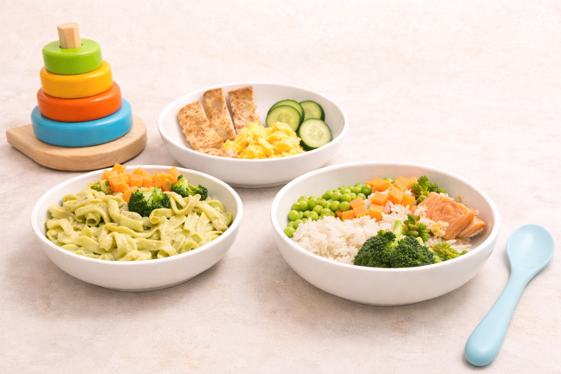 Toddler enjoying a simple healthy meal for easy family mealtime ideas