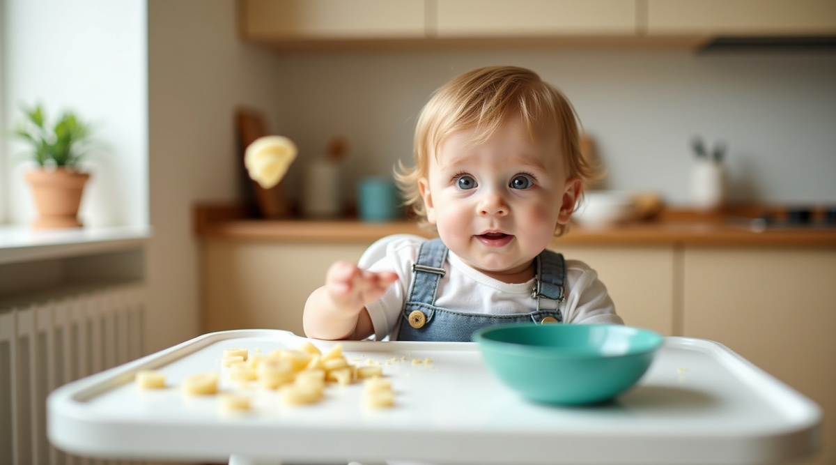 A toddler in a high chair tossing food off the tray, soft natural kitchen light