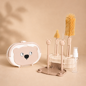 Bowly Moly 6 Pieces Silicone Bottle Brush & Drying Rack Set – Bear Design