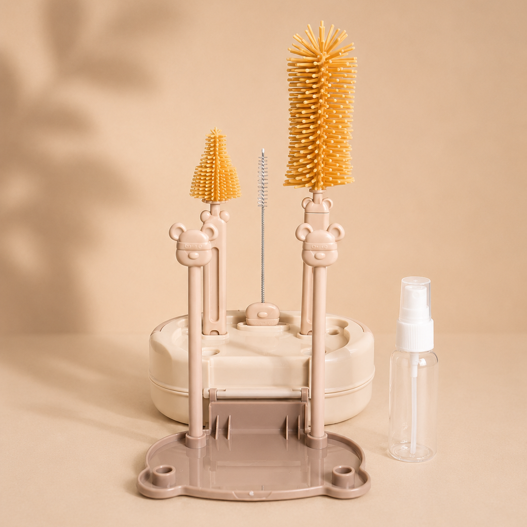Bowly Moly 6 Pieces Silicone Bottle Brush & Drying Rack Set – Bear Design