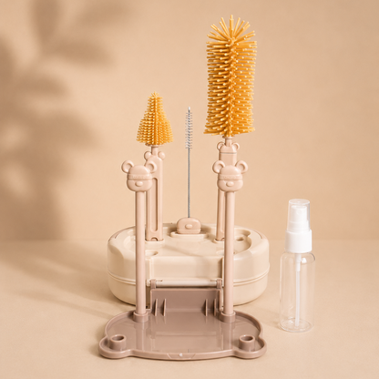 Bowly Moly 6 Pieces Silicone Bottle Brush & Drying Rack Set – Bear Design