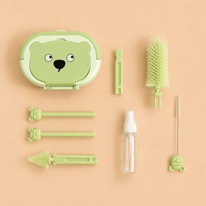 Bowly Moly 6 Pieces Silicone Bottle Brush & Drying Rack Set – Bear Design