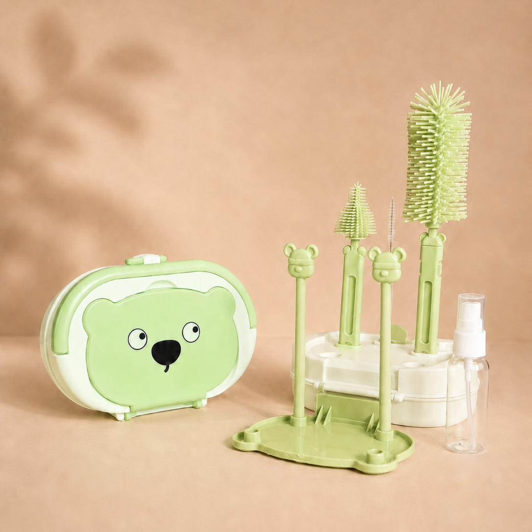 Bowly Moly 6 Pieces Silicone Bottle Brush & Drying Rack Set – Bear Design