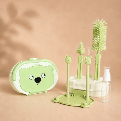 Bowly Moly 6 Pieces Silicone Bottle Brush & Drying Rack Set – Bear Design