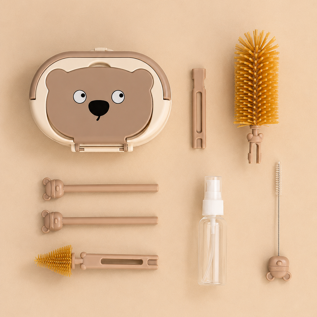 Bowly Moly 6 Pieces Silicone Bottle Brush & Drying Rack Set – Bear Design